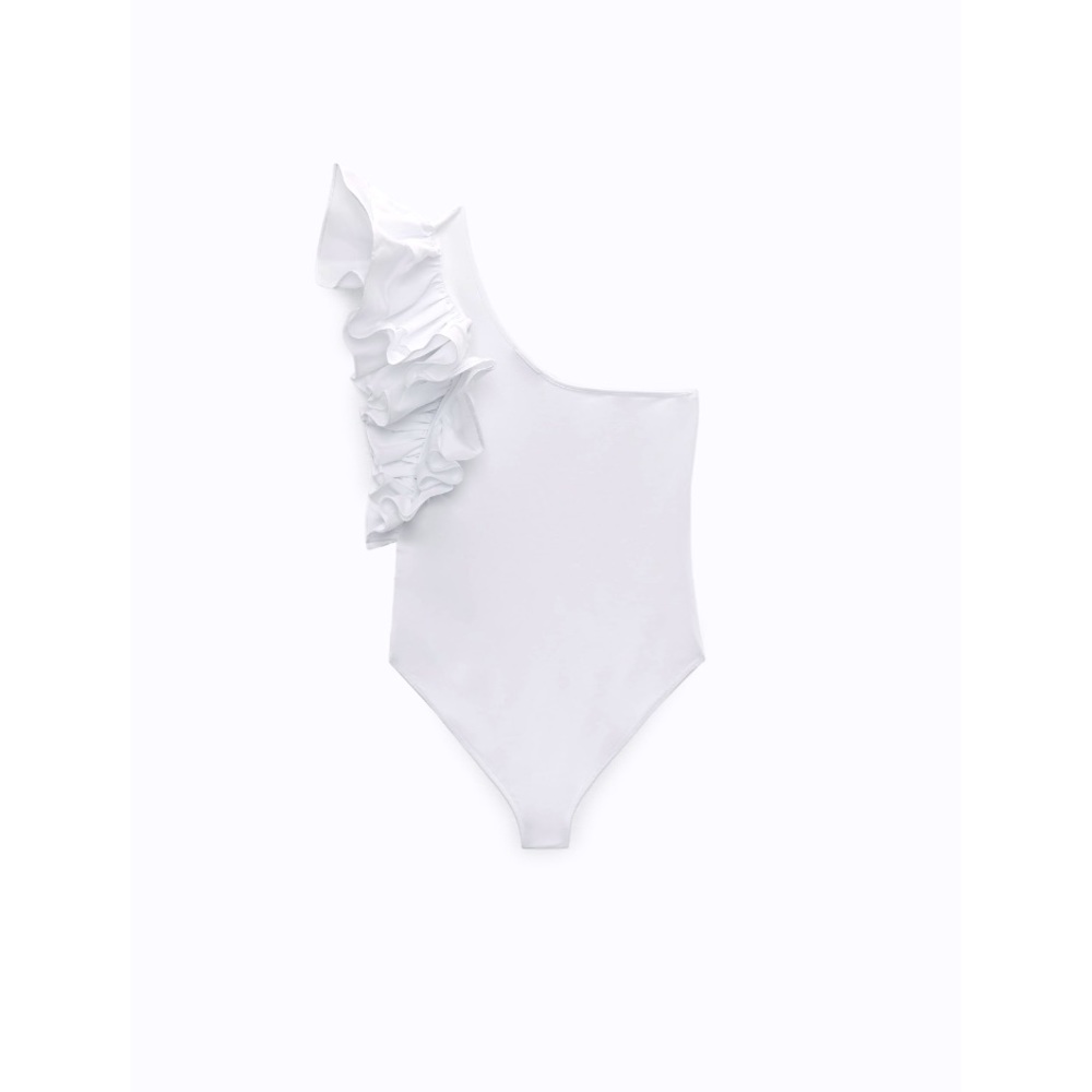 Zara white Ruffle Asymmetric Bodysuit - Picture 5 of 7